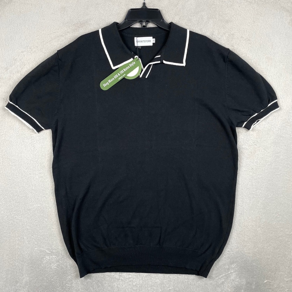 New Oxknit Polo Shirt Mens 2XL Black Knitted Johnny Collar 60s 70s Retro Style